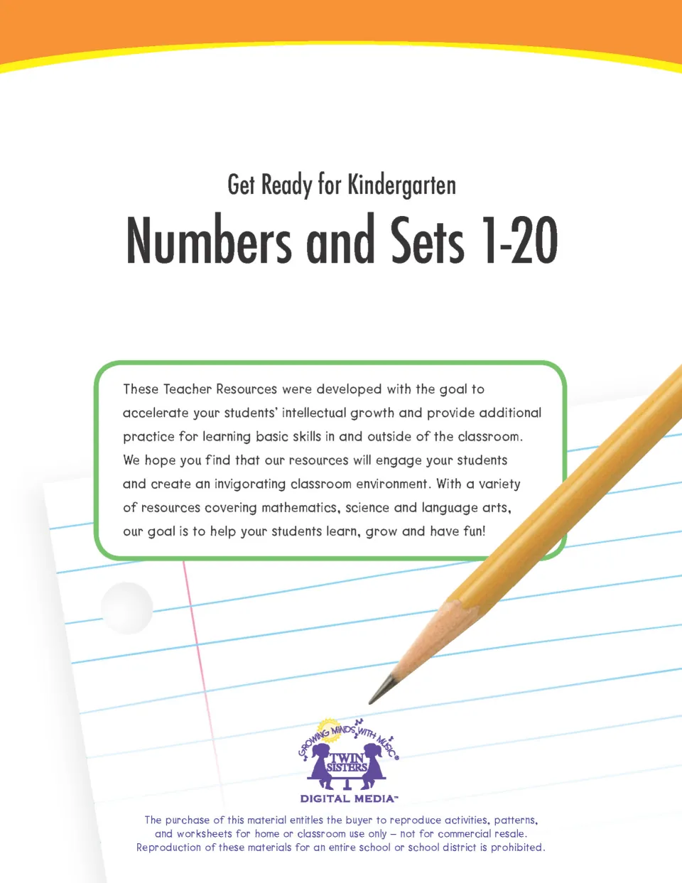 Cover of Get Ready for Kindergarten: Numbers and Sets 1-20, with a note to teachers and a pencil on lined paper