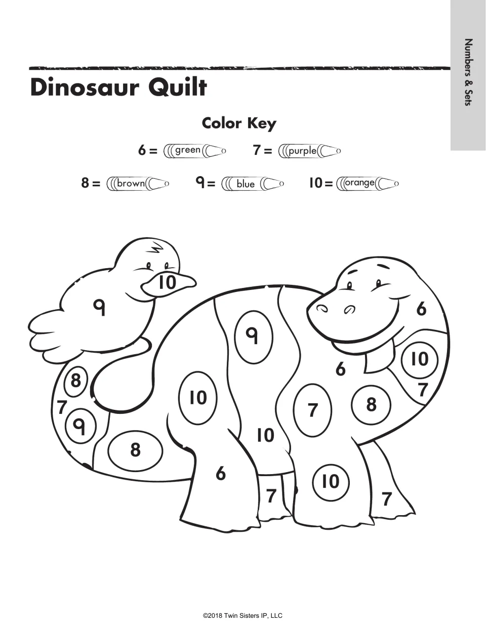 Dinosaur Quilt: color-by-number dinosaur and bird where students match numbers 6 to 10 to a five-color key