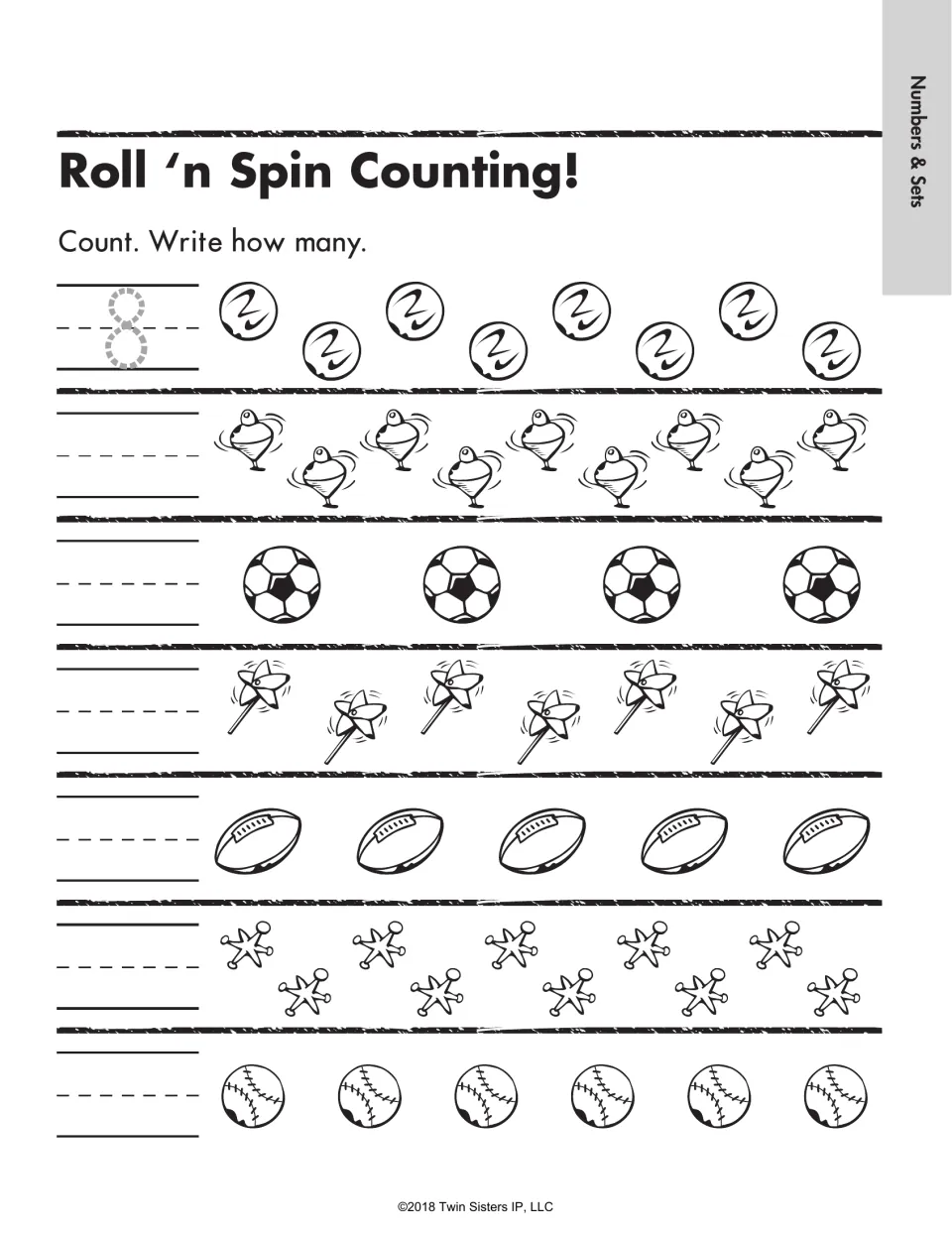 Roll 'n Spin Counting! Students count rows of marbles, tops, soccer balls, jacks and more; first row models a traced 8