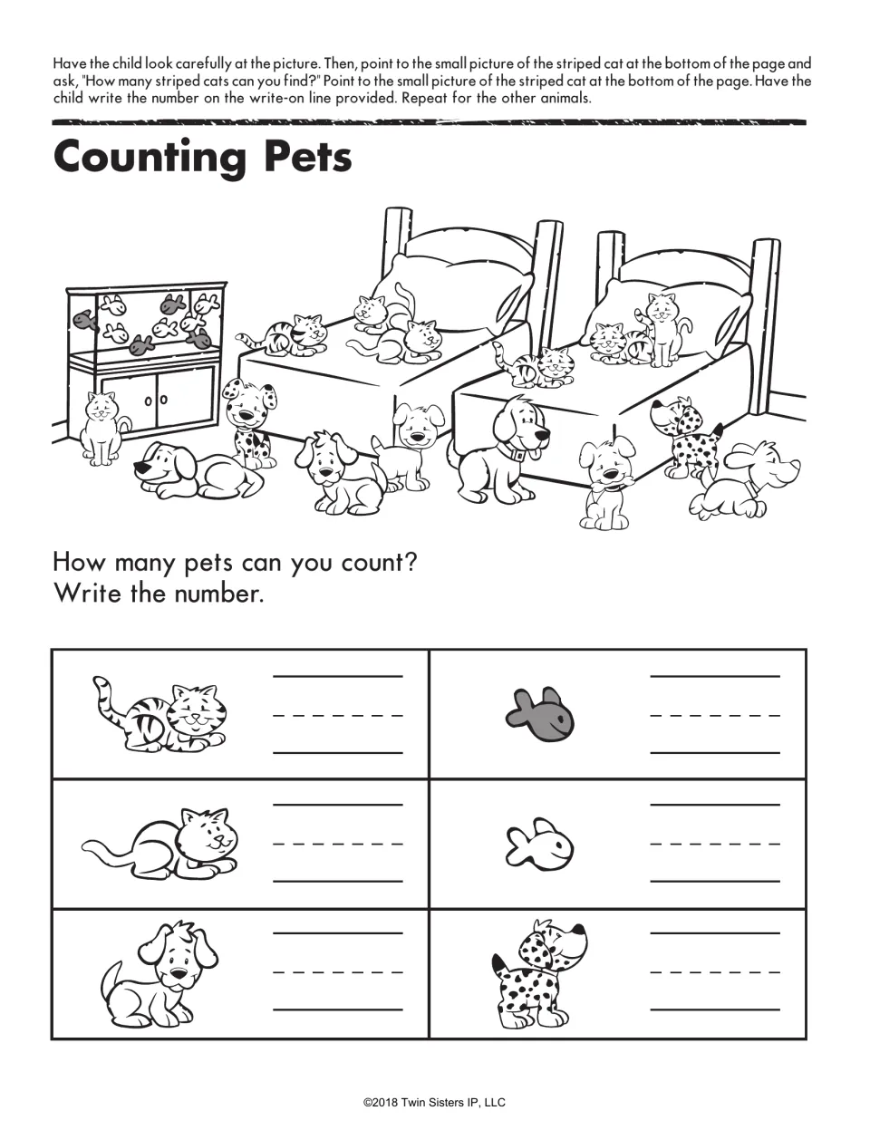 Counting Pets: students find cats, fish and dogs in a bedroom scene and write how many of each of six pet types