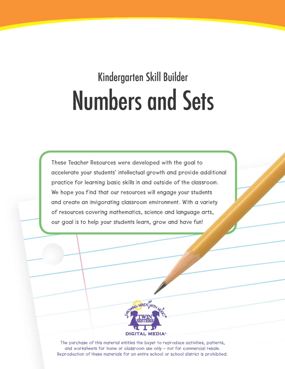 Kindergarten Skill Builder cover for Numbers and Sets, with a note on practice in math basics and classroom-use terms
