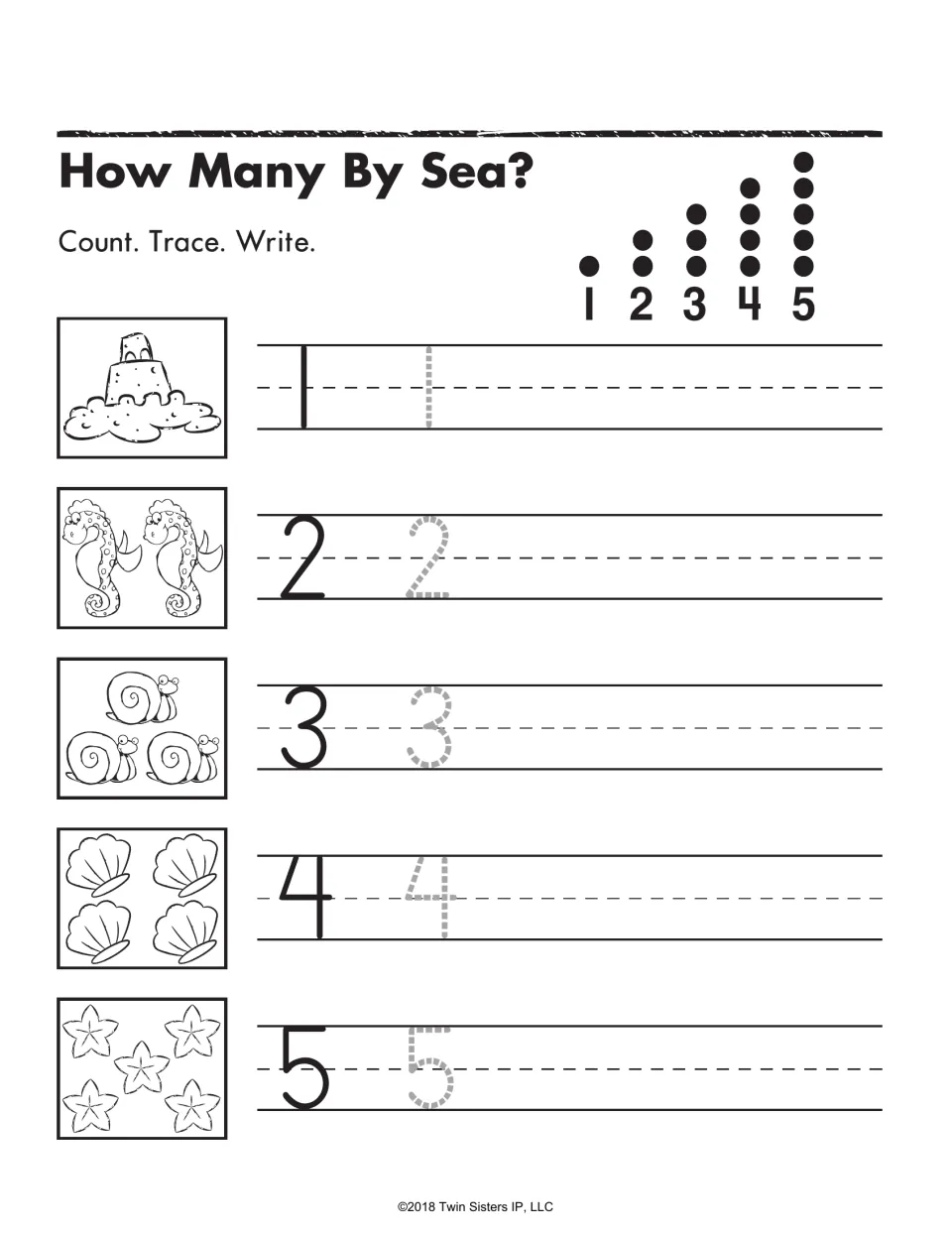 How Many By Sea?: students count sandcastles, seahorses, snails, shells and starfish, then trace and write numerals 1-5