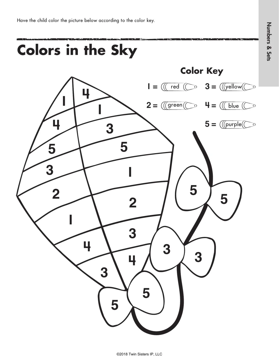 Colors in the Sky color-by-number: students color a kite and its bows using a key where 1 is red through 5 is purple