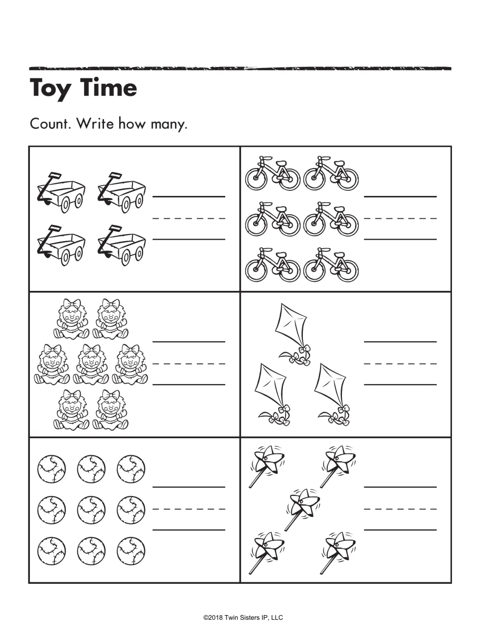 Toy Time counting: students count sets of wagons, bikes, dolls, kites, baseballs and pinwheels and write how many