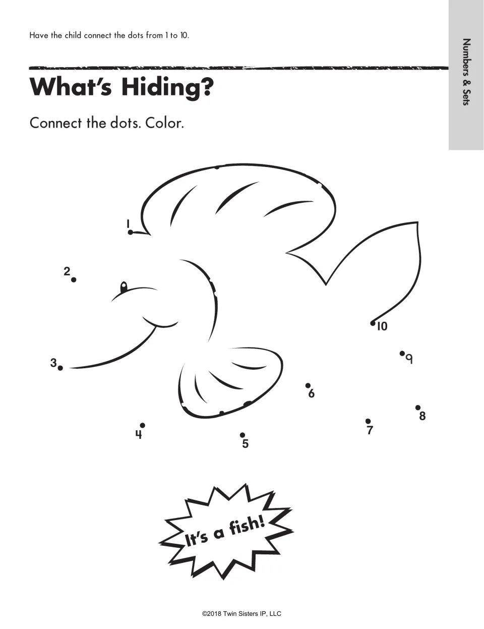 What's Hiding? dot-to-dot: students connect dots 1 to 10 in order to reveal a fish, then color the finished picture