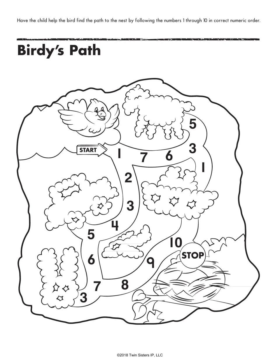 Birdy's Path number maze: students follow numbers 1 through 10 in order from START to the nest at STOP, skipping decoys