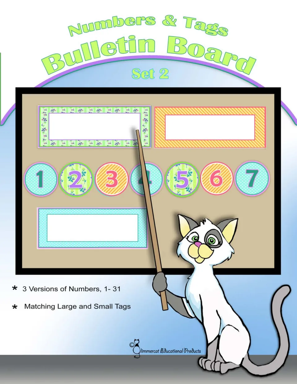 Numbers & Tags Bulletin Board - Set 2 cover, listing three versions of numbers 1–31 and matching tags