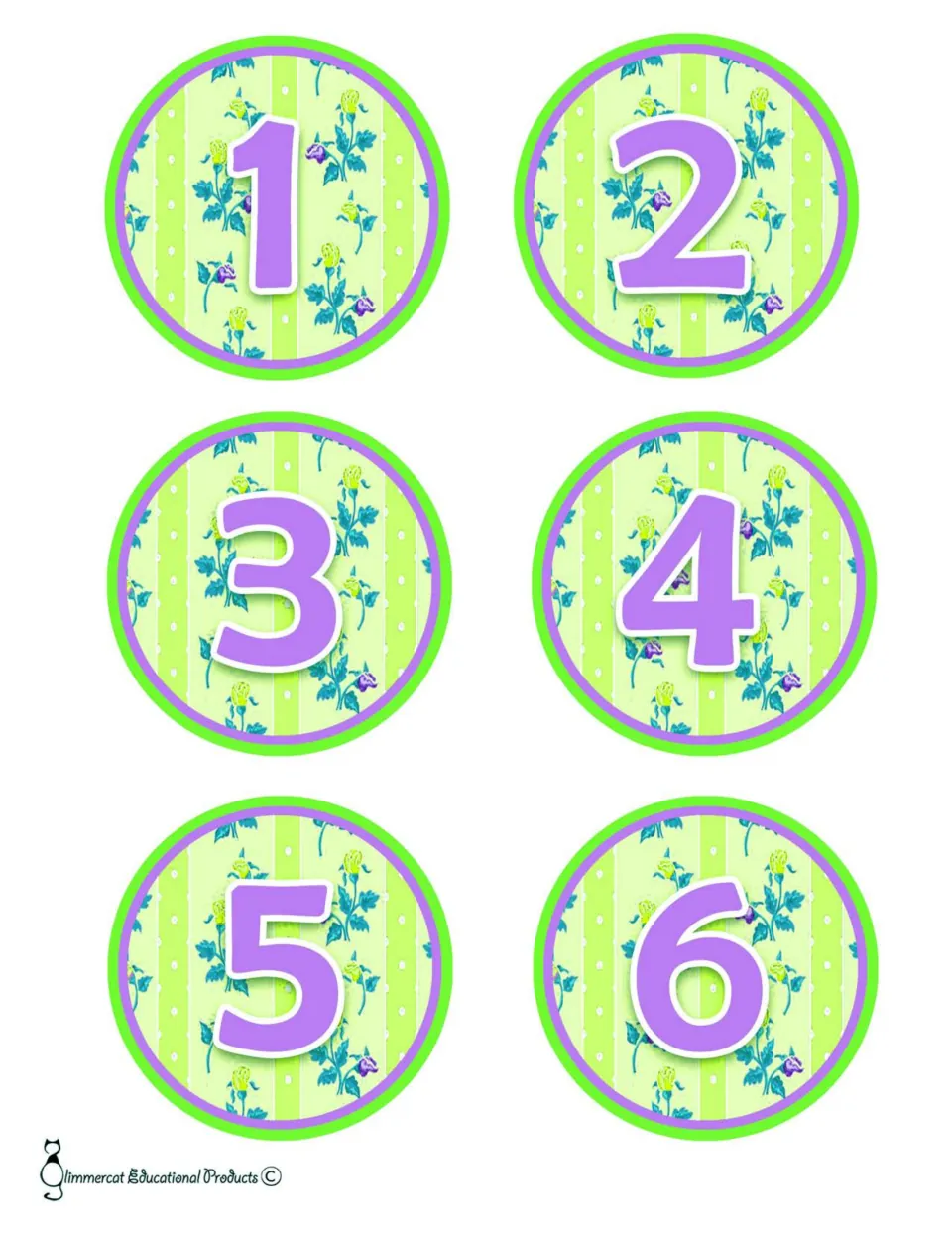 Bulletin board number cards 1–6, six cards from the first version of the resource's three number sets