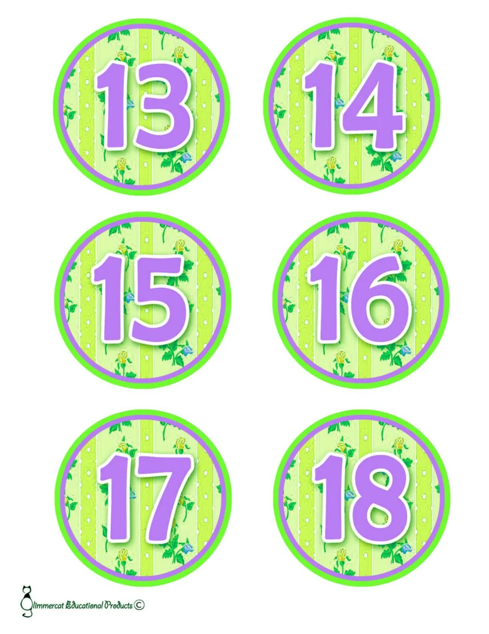 Bulletin board number cards 13–18, six cards continuing the first version of the resource's number sets