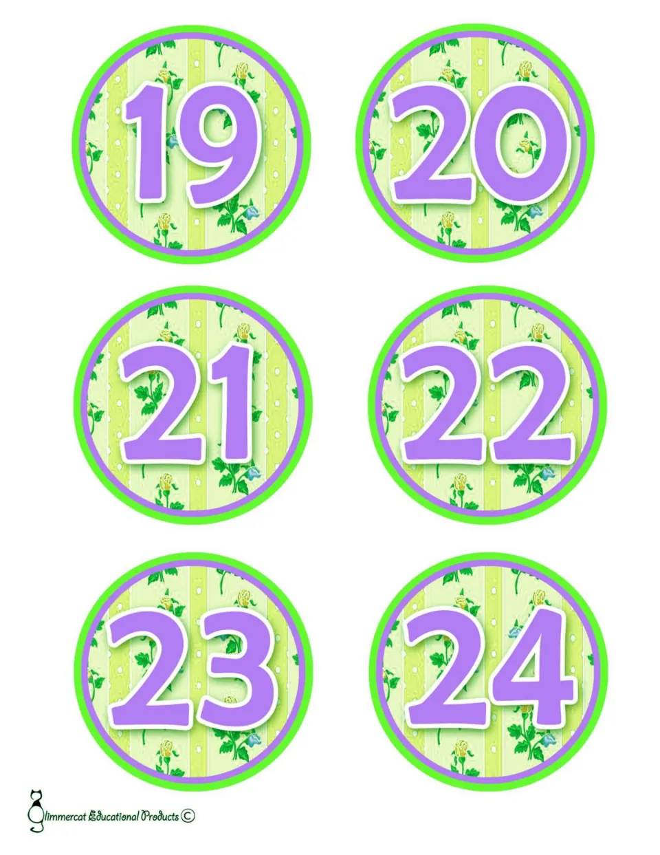 Bulletin board number cards 19–24, six cards continuing the first version of the resource's number sets