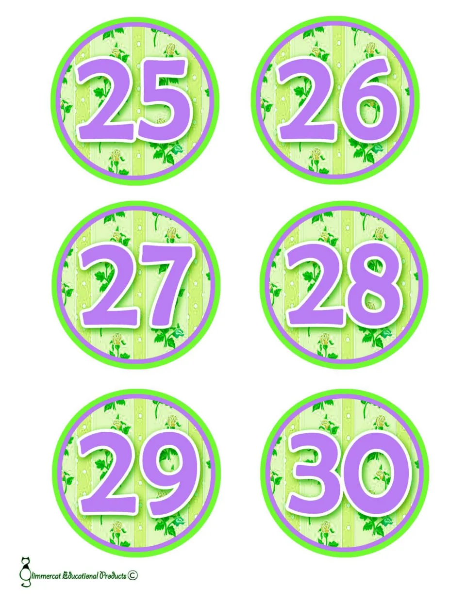 Bulletin board number cards 25–30, six cards continuing the first version of the resource's number sets