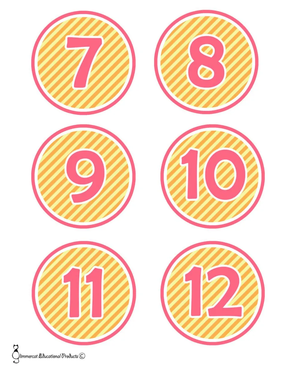 Bulletin board number cards 7–12, six cards continuing the second version of the resource's number sets