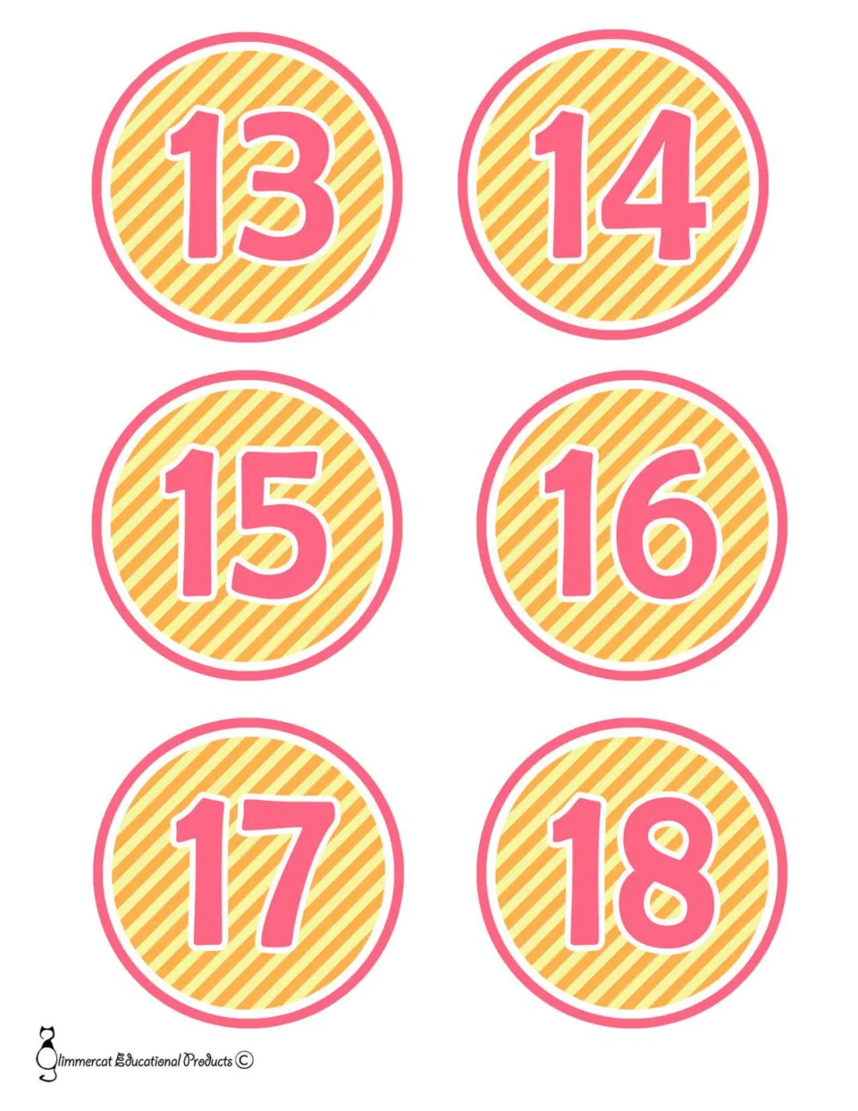 Bulletin board number cards 13–18, six cards continuing the second version of the resource's number sets