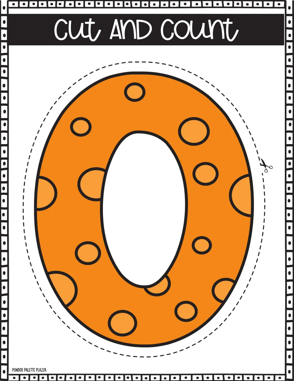Number 0 poster: students cut out the orange spotted numeral along the dashed line and count the spots on it