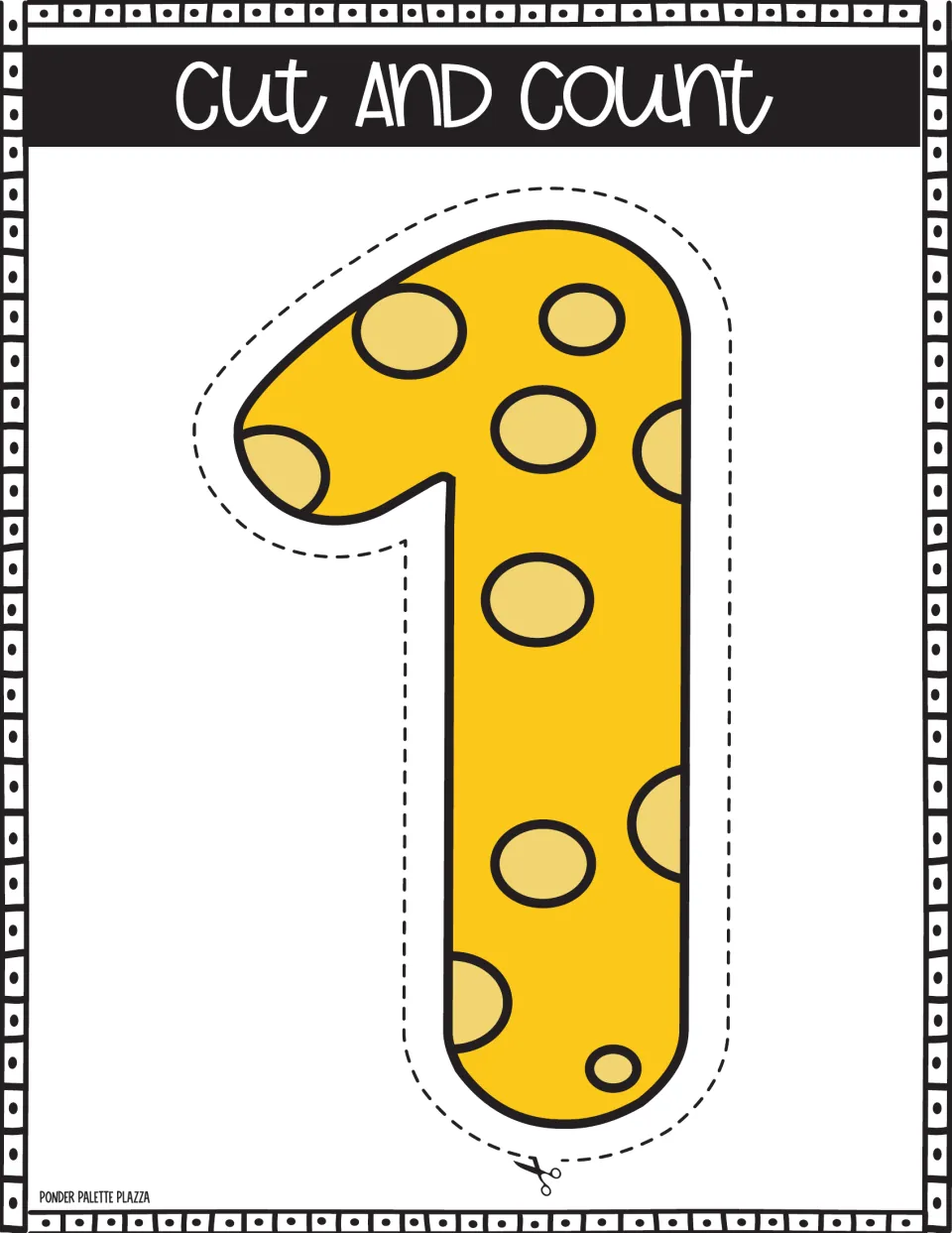 Number 1 poster: students cut out the yellow spotted numeral along the dashed line and count the spots on it