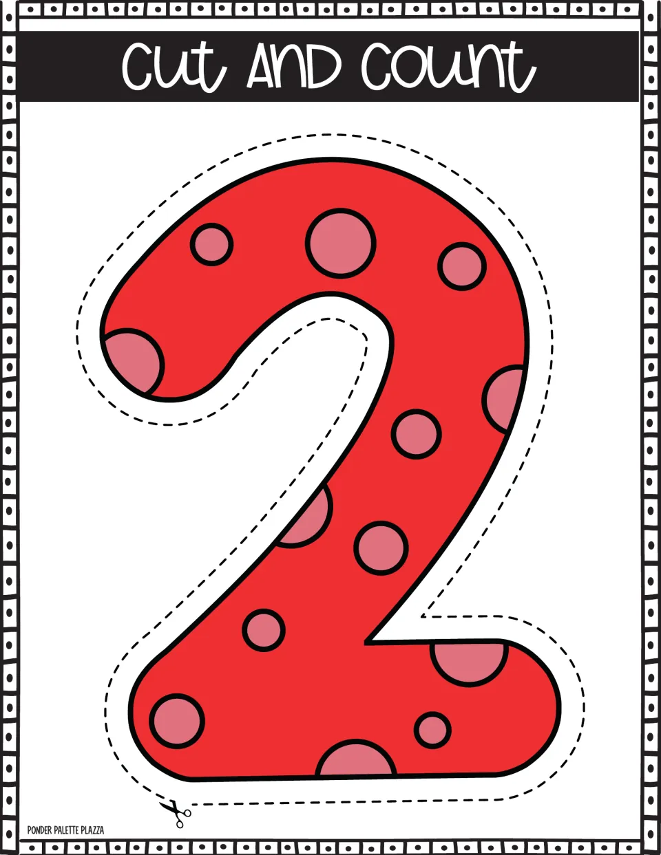 Number 2 poster: students cut out the red spotted numeral along the dashed line and count the spots on it