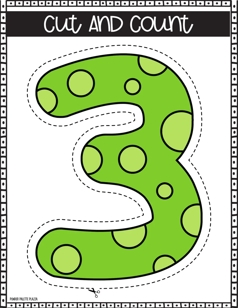 Number 3 poster: students cut out the green spotted numeral along the dashed line and count the spots on it