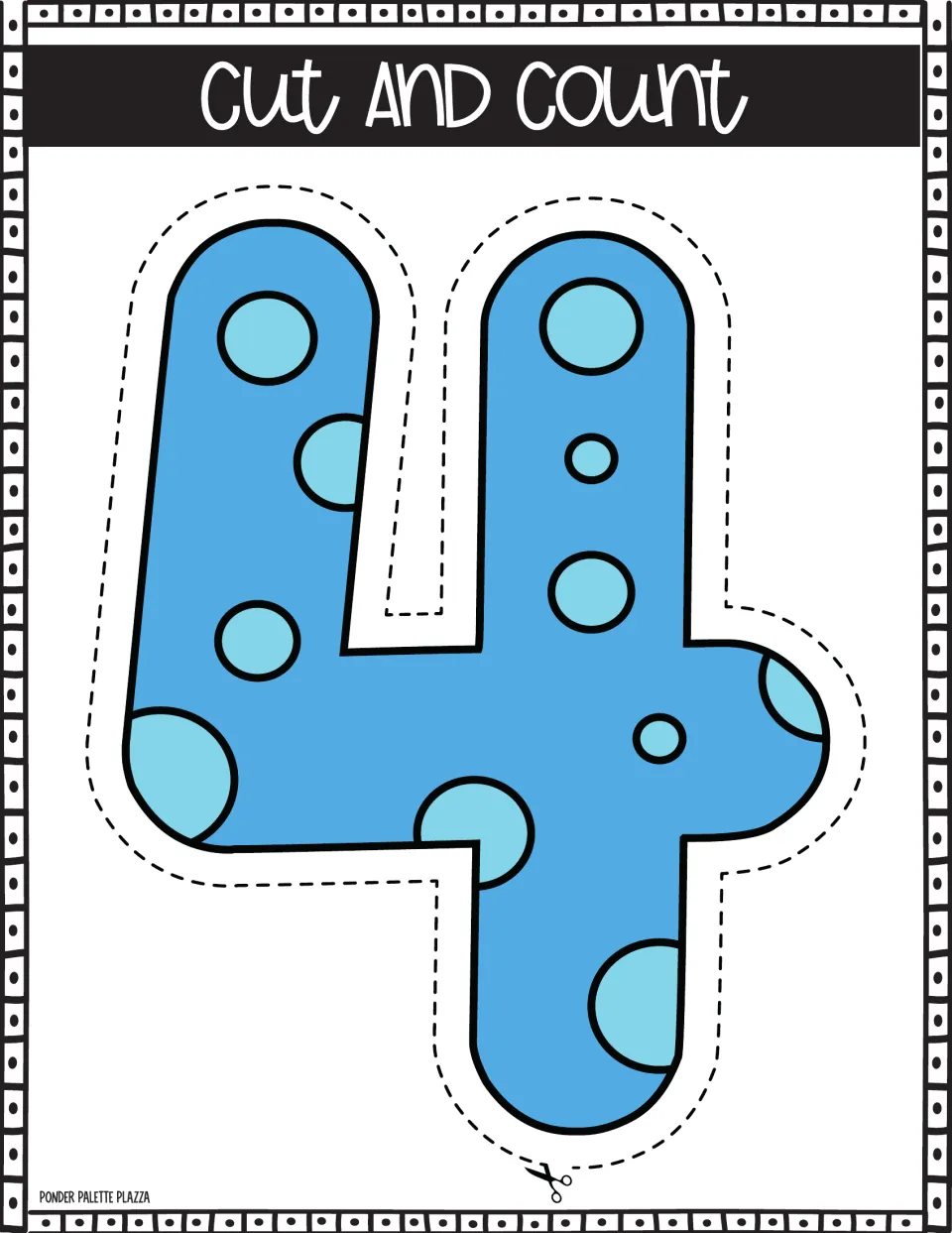 Number 4 poster: students cut out the blue spotted numeral along the dashed line and count the spots on it