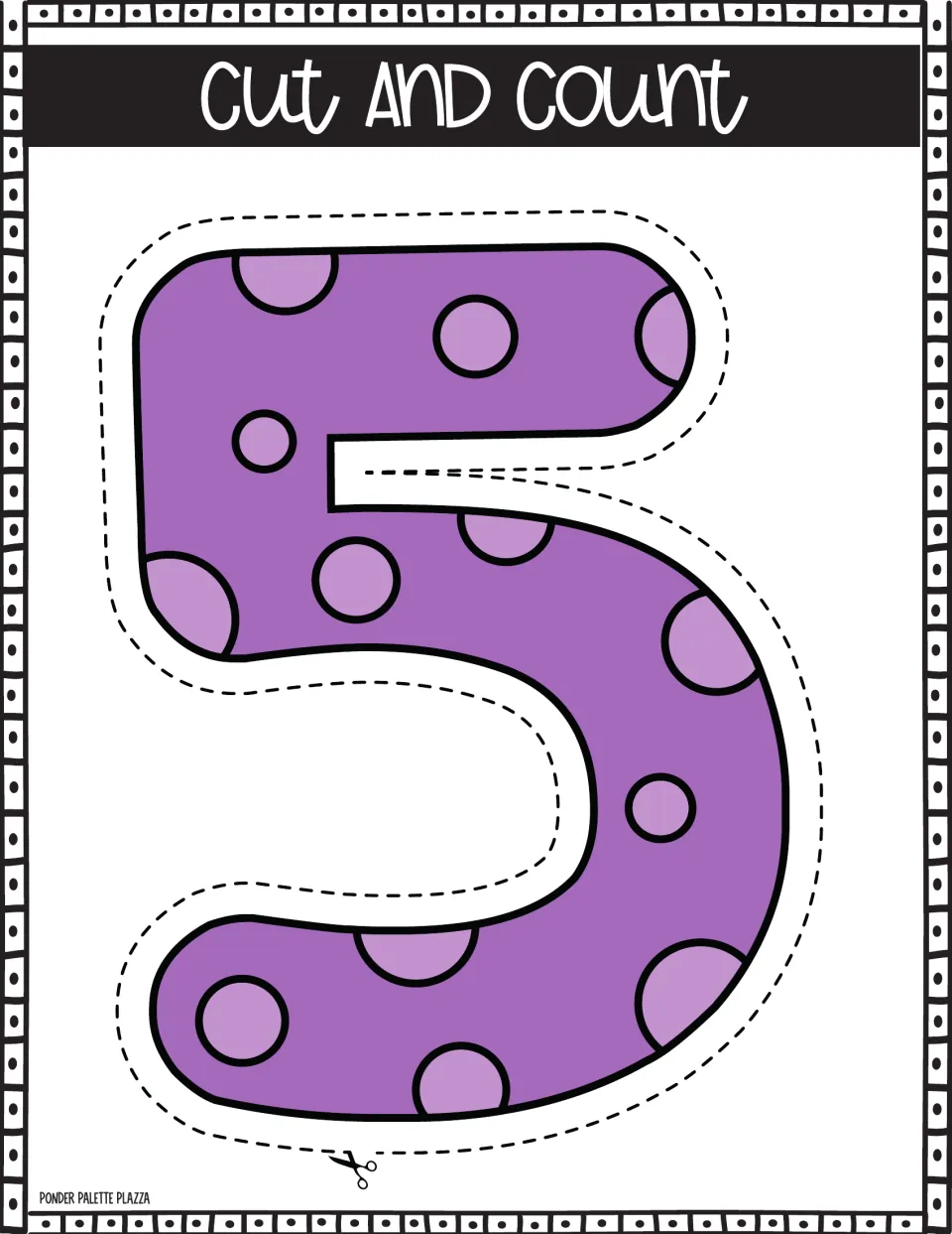 Number 5 poster: students cut out the purple spotted numeral along the dashed line and count the spots on it