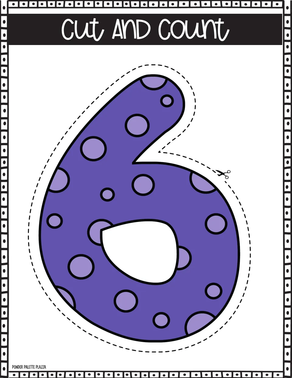 Number 6 poster: students cut out the indigo spotted numeral along the dashed line and count the spots on it