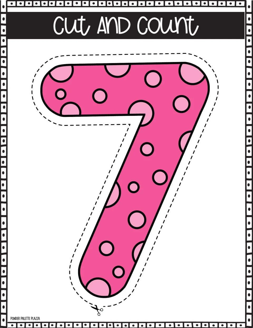 Number 7 poster: students cut out the pink spotted numeral along the dashed line and count the spots on it