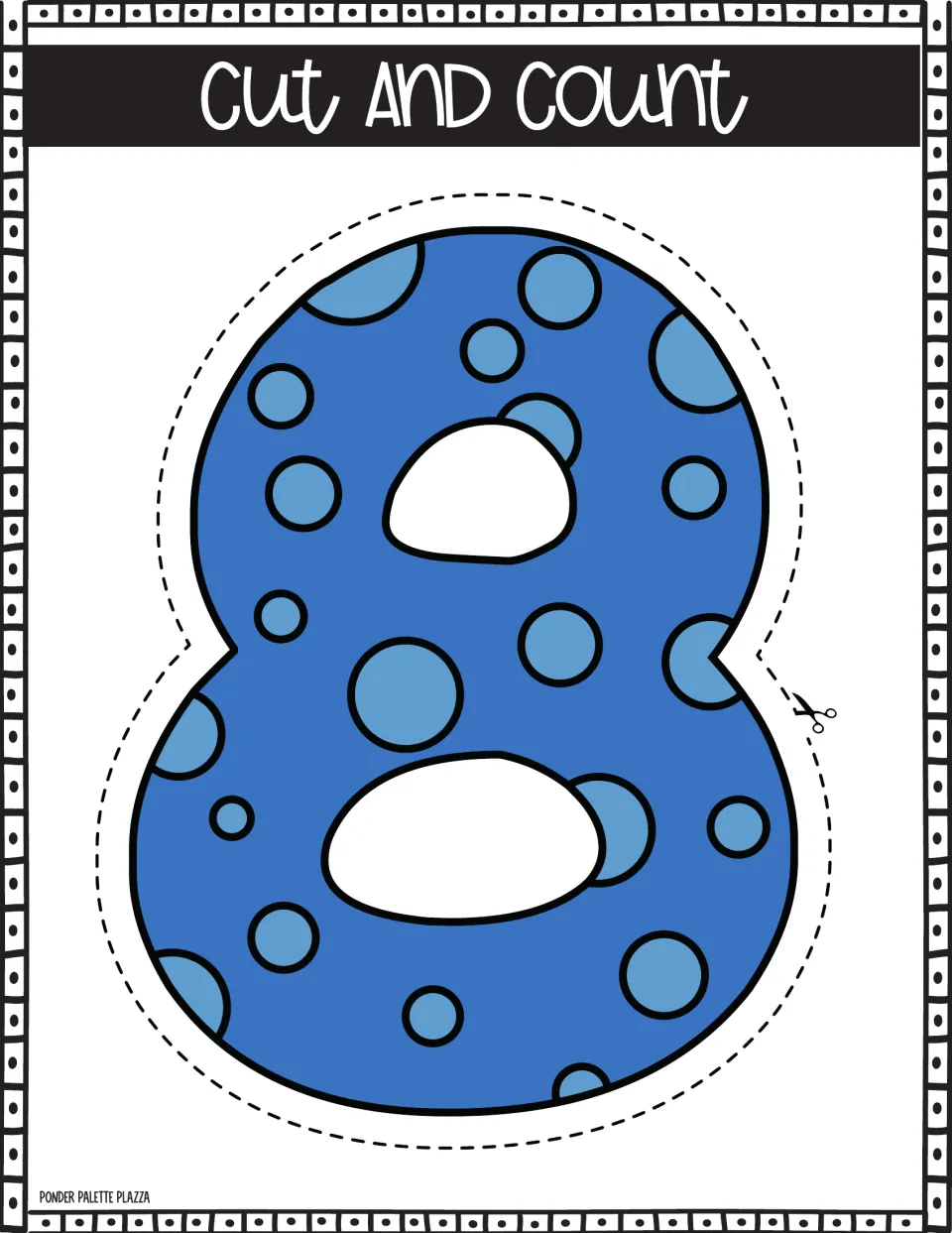 Number 8 poster: students cut out the blue spotted numeral along the dashed line and count the spots on it