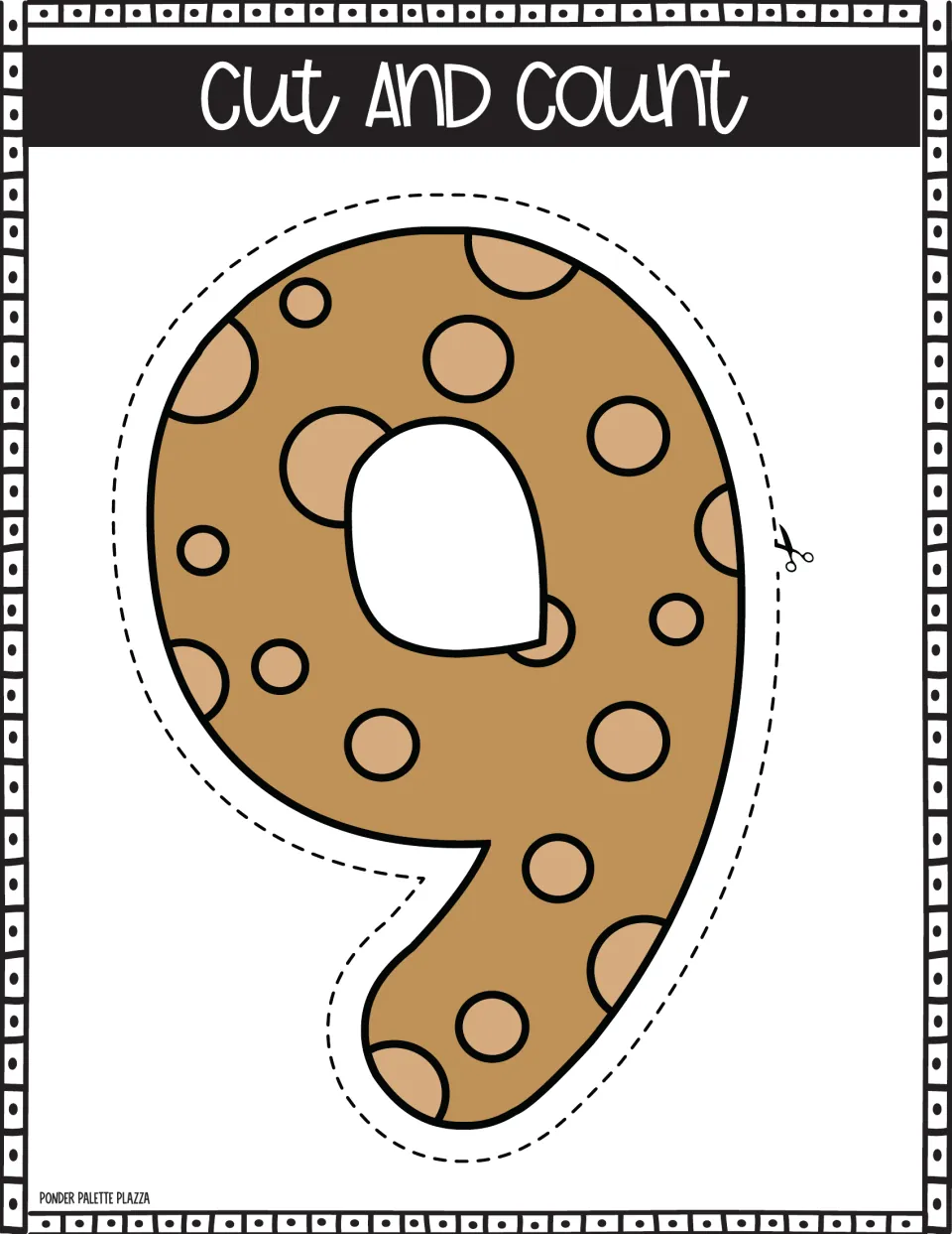 Number 9 poster: students cut out the brown spotted numeral along the dashed line and count the spots on it