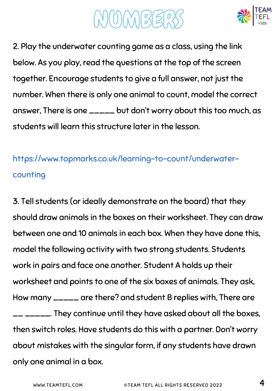 Teacher notes, steps 2-3: a class underwater counting game, then pairs ask How many ___ are there? about drawn animals