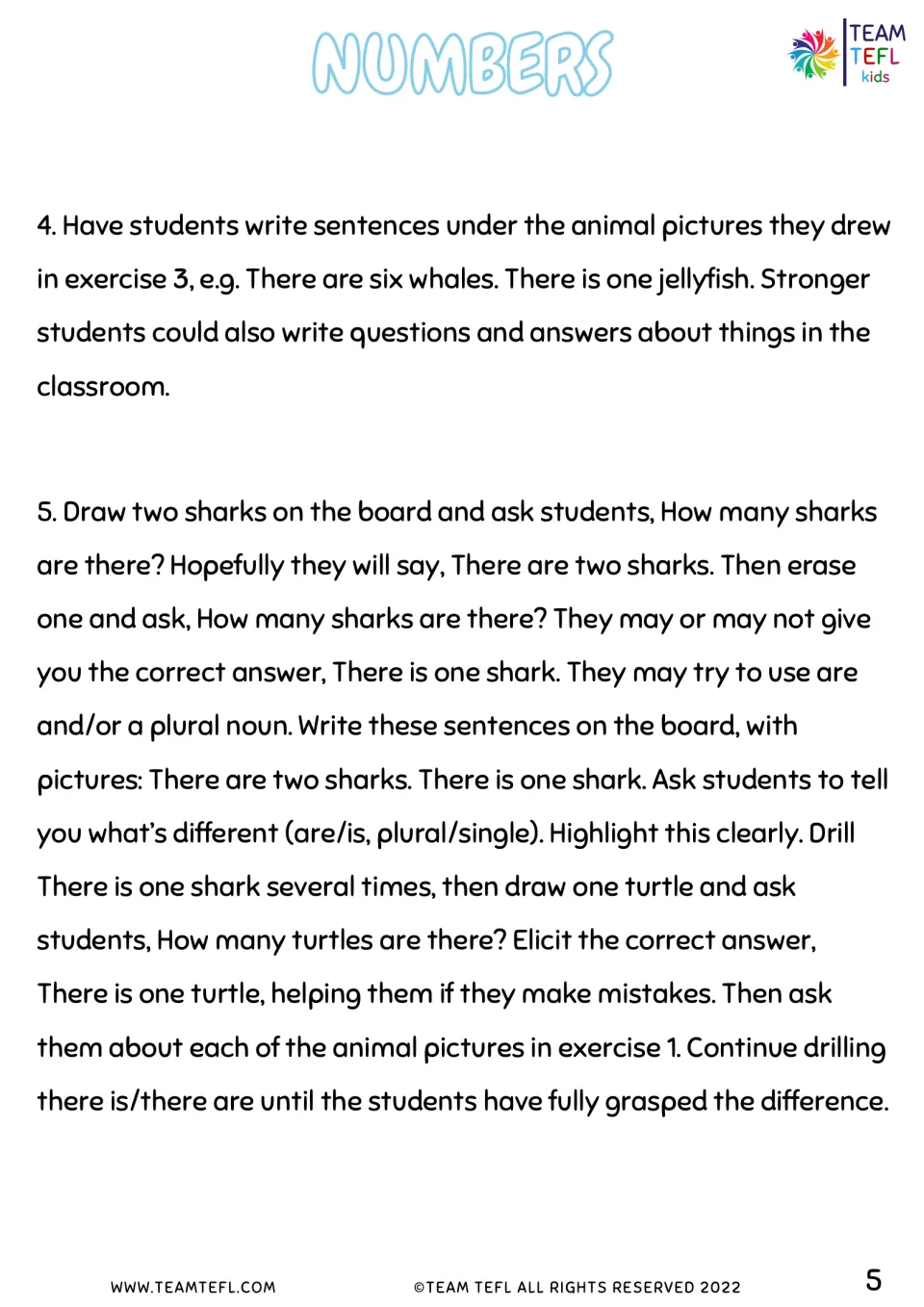 Teacher notes, steps 4-5: students write sentences on drawings, then drill There is one shark vs There are two sharks