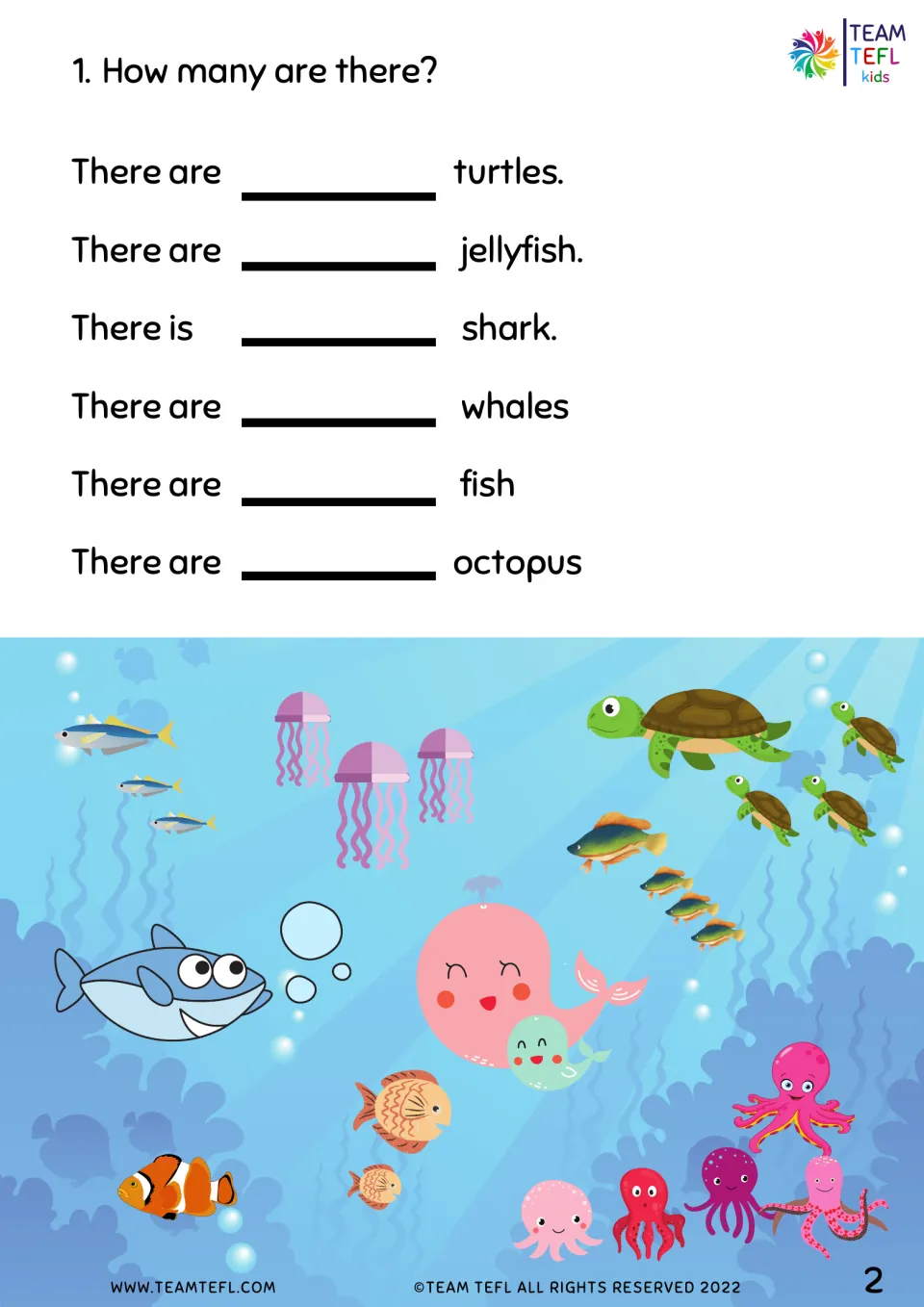 How many are there? Students count turtles, jellyfish, a shark, whales, fish and octopus in an ocean scene to fill blanks