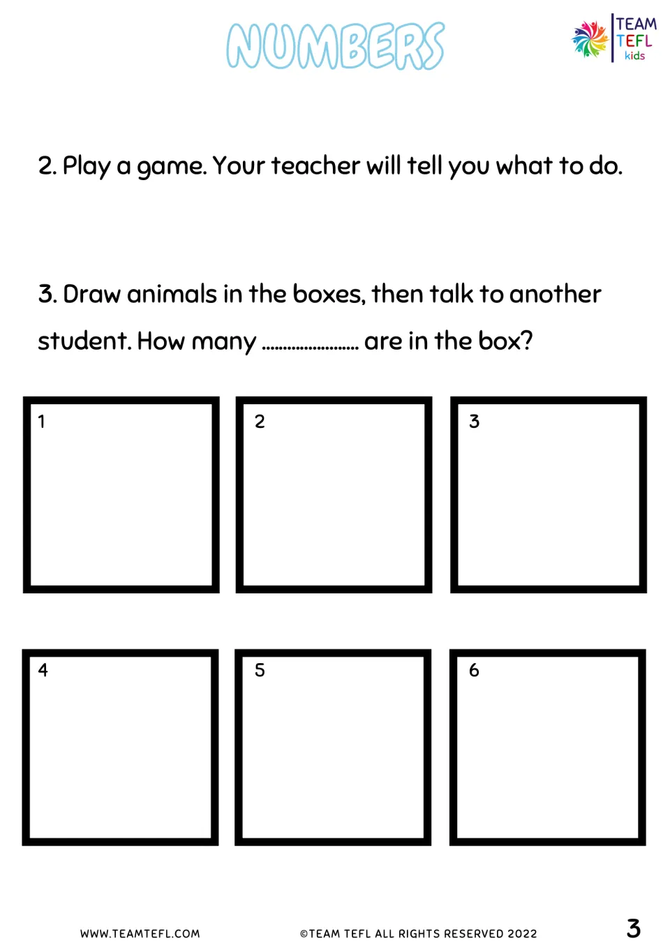 Game prompt, then students draw animals in six numbered boxes and ask a partner how many are in each