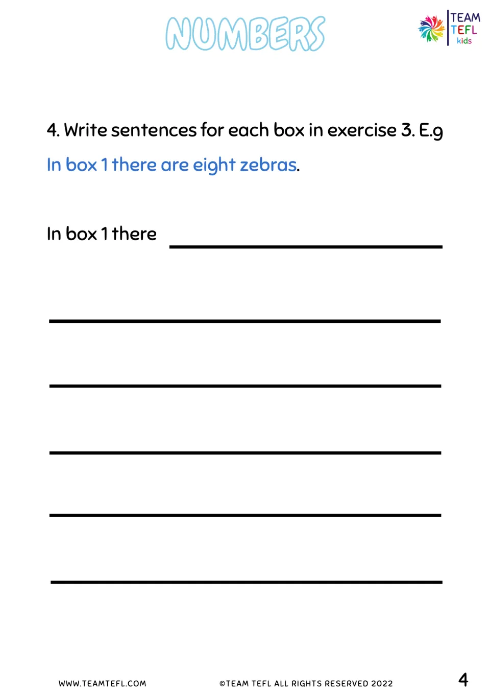 Writing sentences about each drawn box from exercise 3, with the model In box 1 there are eight zebras and a starter line