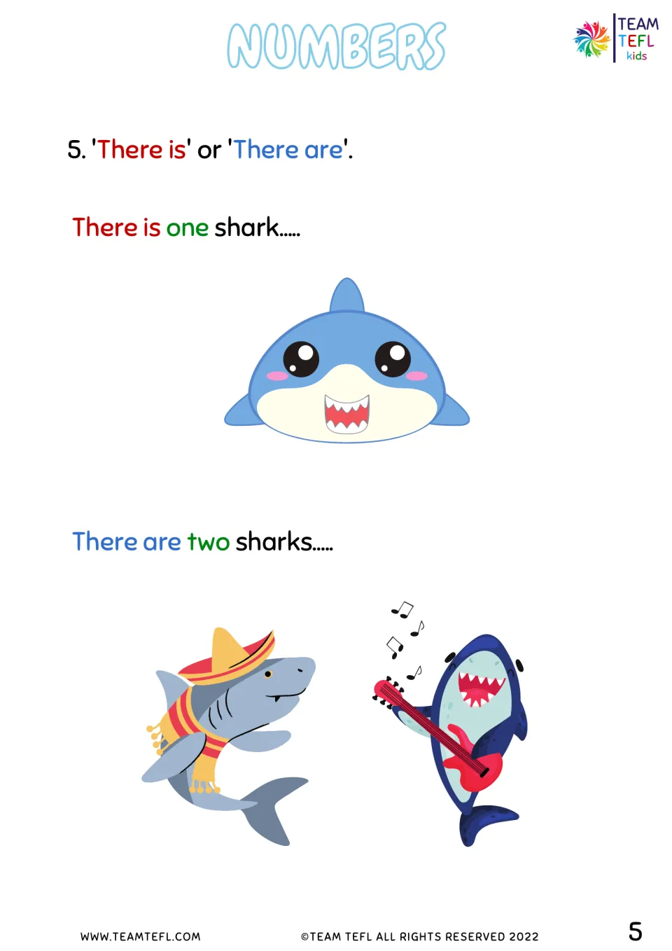 There is or there are: one cartoon shark labeled There is one shark beside two sharks labeled There are two sharks
