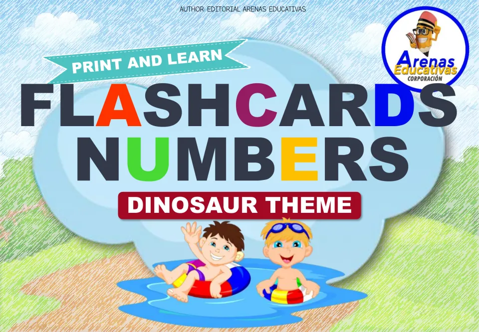 Cover of the dinosaur number flashcard set, labeled 'Print and Learn,' 'Flashcards Numbers' and 'Dinosaur Theme'