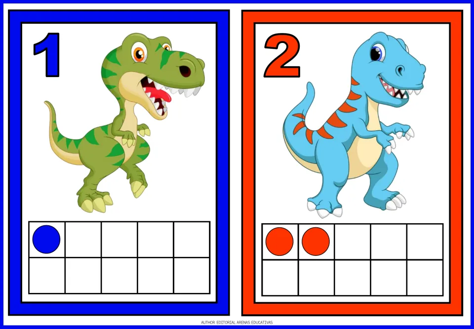 Number flashcards 1 and 2 of the dinosaur set, each showing a dinosaur and matching quantities of colored dots