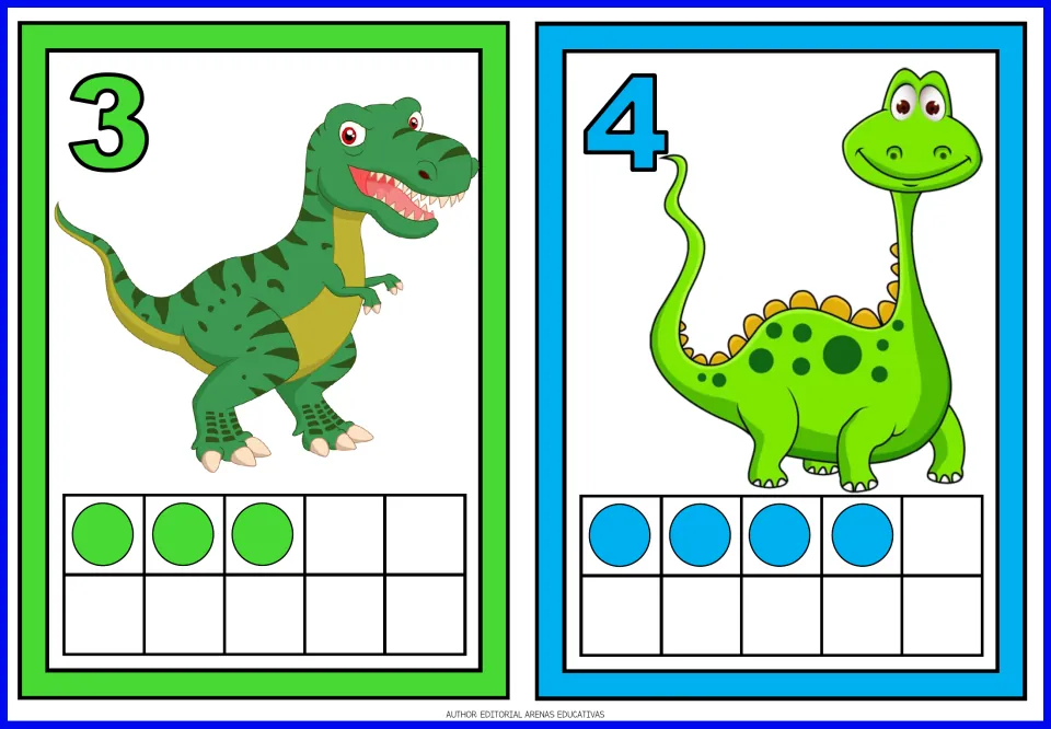 Number flashcards 3 and 4 of the dinosaur set, each showing a dinosaur and matching quantities of colored dots