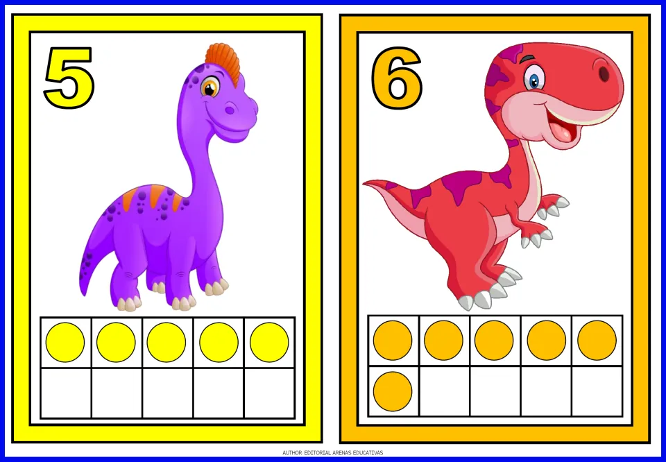 Number flashcards 5 and 6 of the dinosaur set, each showing a dinosaur and matching quantities of colored dots