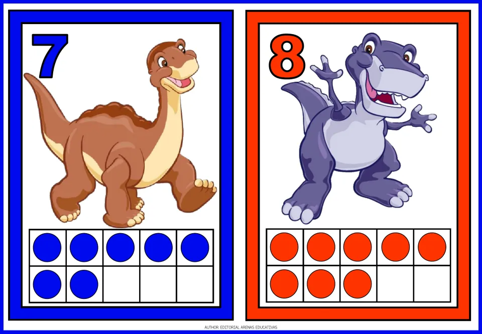 Number flashcards 7 and 8 of the dinosaur set, each showing a dinosaur and matching quantities of colored dots