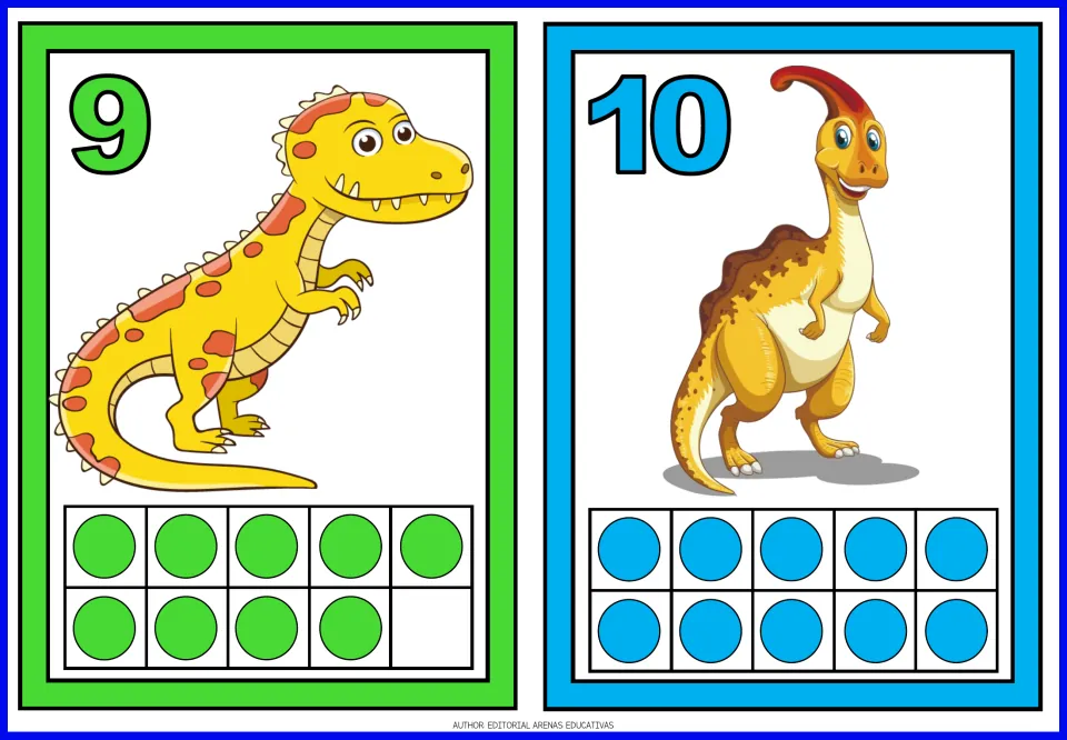 Number flashcards 9 and 10 of the dinosaur set, each showing a dinosaur and matching quantities of colored dots