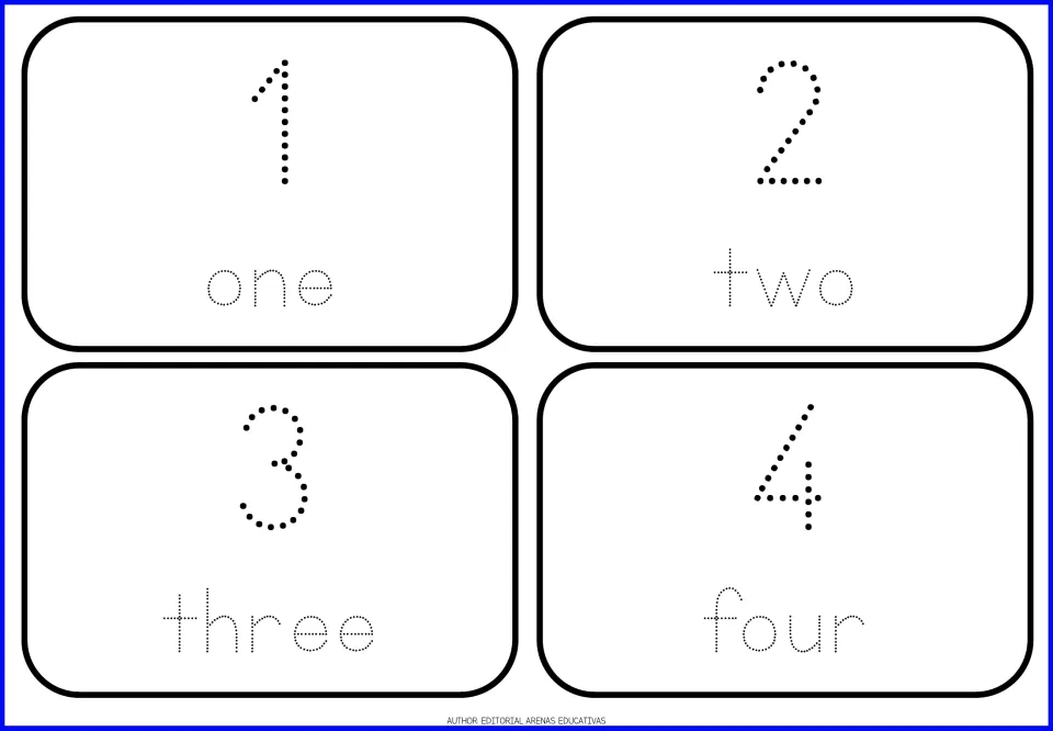 Number cards 1 to 4: students trace each dotted numeral and its dotted number word, one, two, three and four