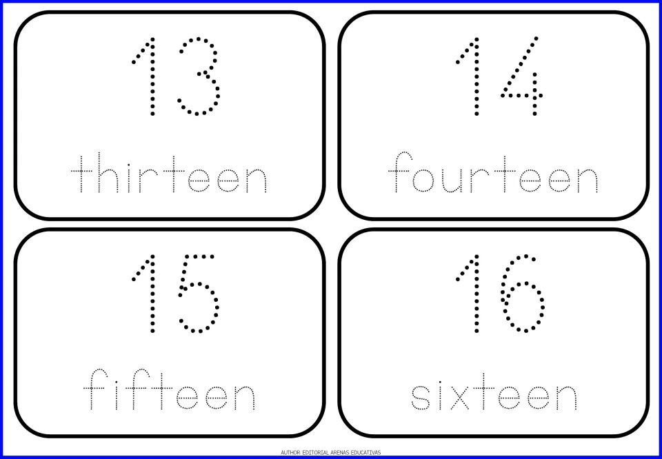Teen number cards 13 to 16: students trace dotted numerals and the words thirteen, fourteen, fifteen and sixteen