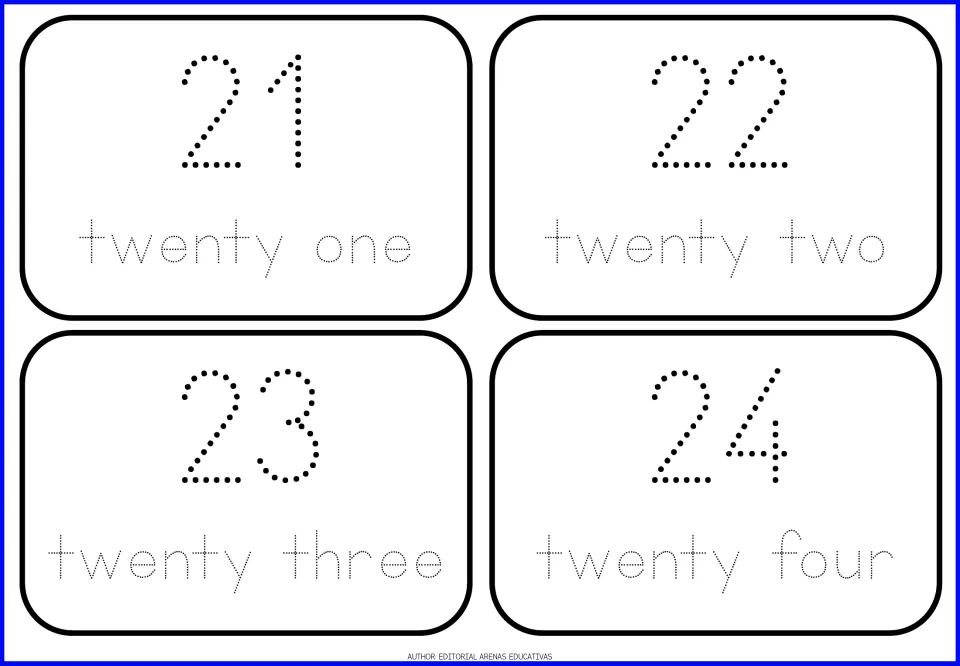 Number cards 21 to 24: students trace dotted numerals and two-word names from twenty one through twenty four