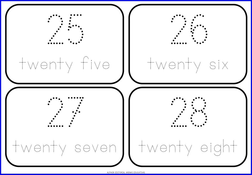 Number cards 25 to 28: students trace dotted numerals and the words twenty five, twenty six, twenty seven, twenty eight