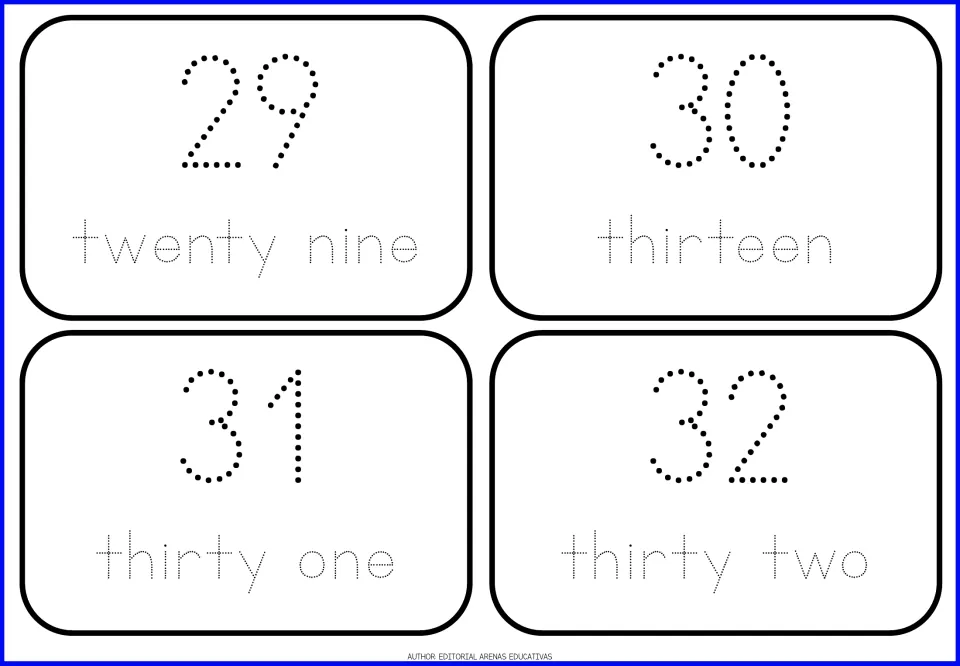 Number cards 29 to 32 for tracing numerals and words; note the card for 30 is printed with the word thirteen, not thirty