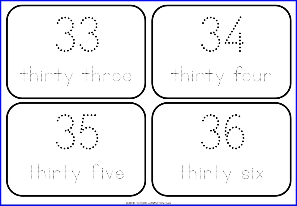 Number cards 33 to 36: students trace dotted numerals and the words thirty three, thirty four, thirty five and thirty six