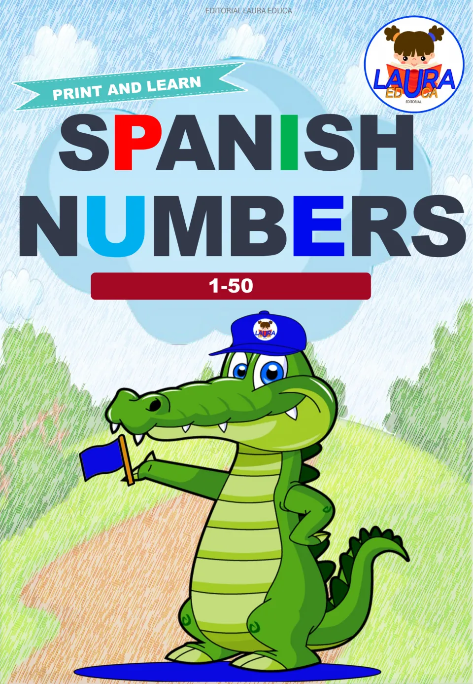 Cover of the Spanish number flashcard set, labeled 'Print and Learn' and 'Spanish Numbers' for 1–50.