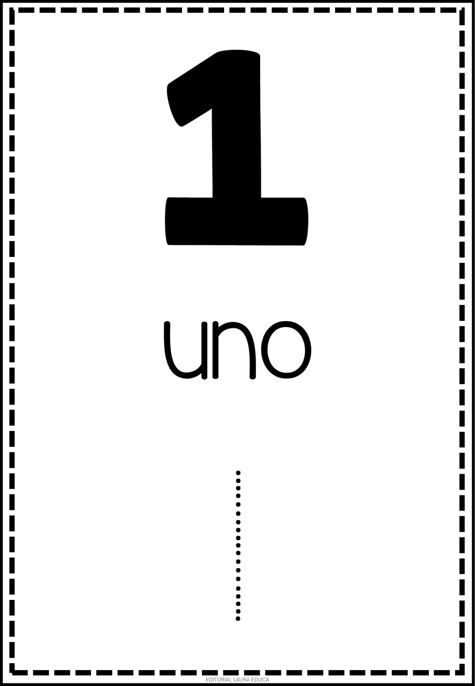 Spanish number flashcard 1 of 50: numeral 1, the word uno (one), and a dotted numeral 1 to trace.