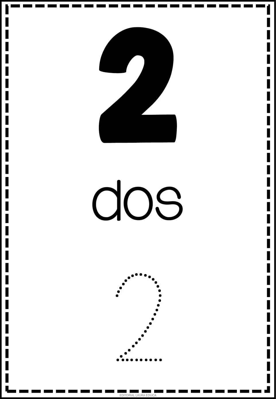 Spanish number flashcard 2 of 50: numeral 2, the word dos (two), and a dotted numeral 2 to trace.