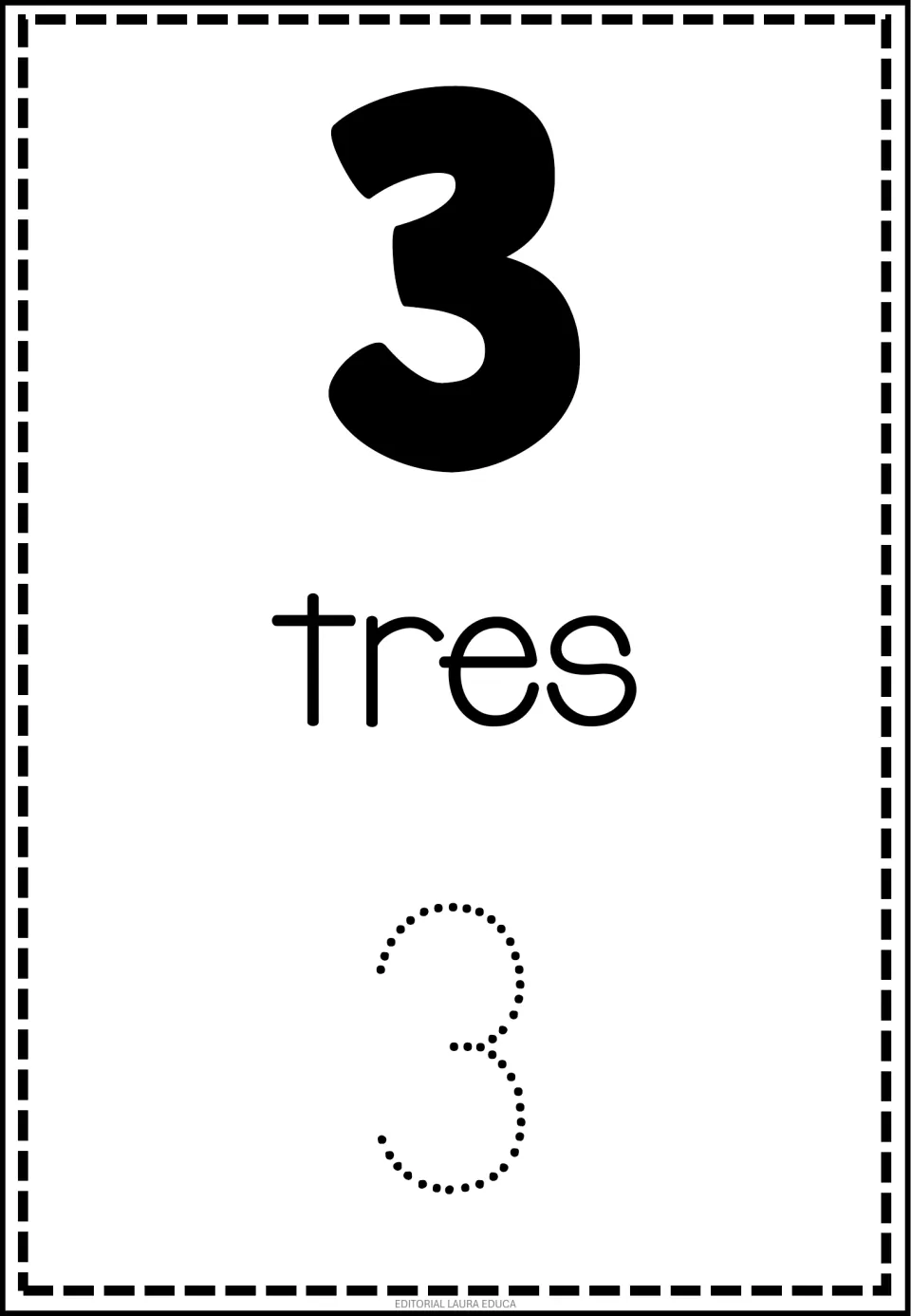 Spanish number flashcard 3 of 50: numeral 3, the word tres (three), and a dotted numeral 3 to trace.