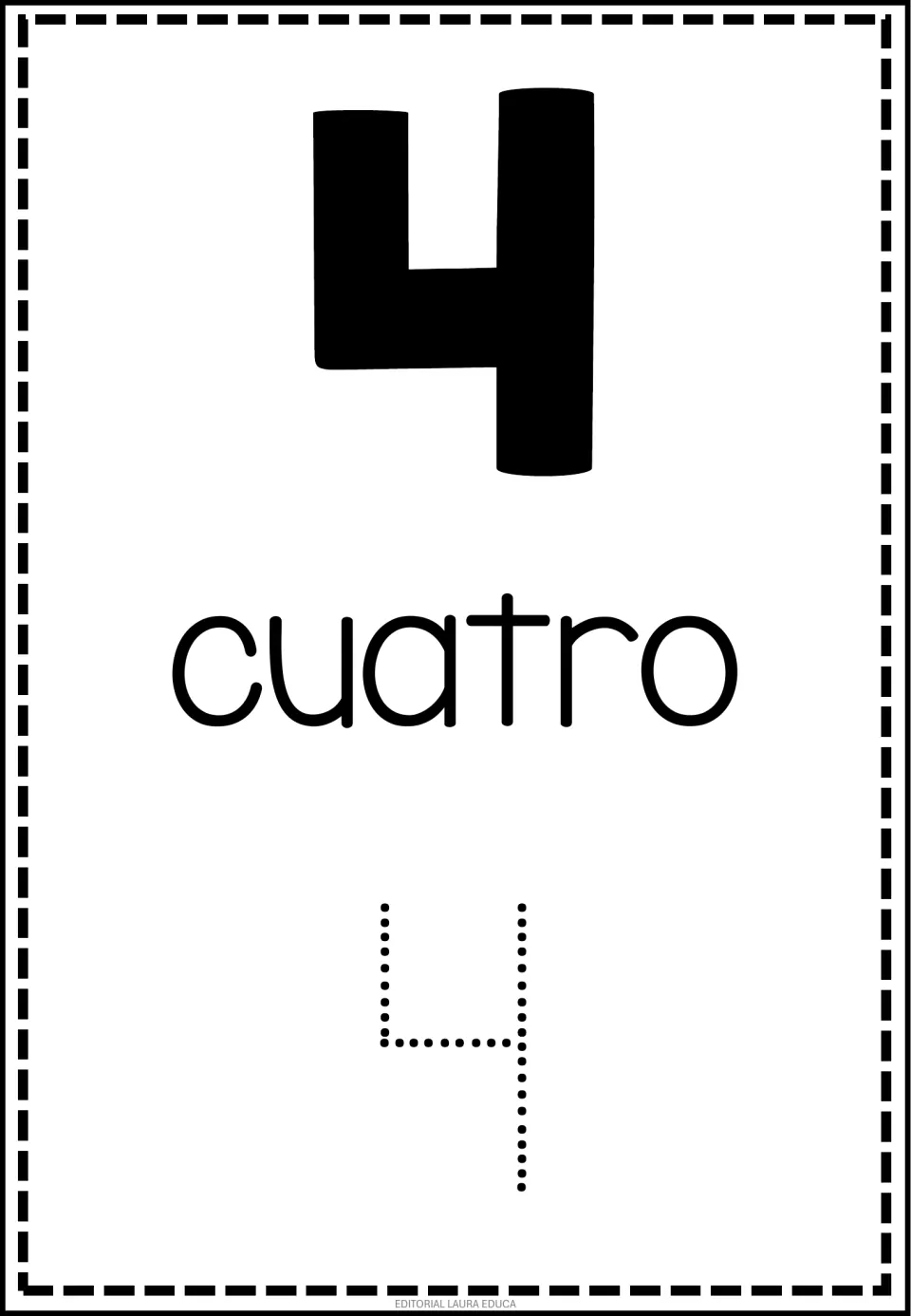 Spanish number flashcard 4 of 50: numeral 4, the word cuatro (four), and a dotted numeral 4 to trace.